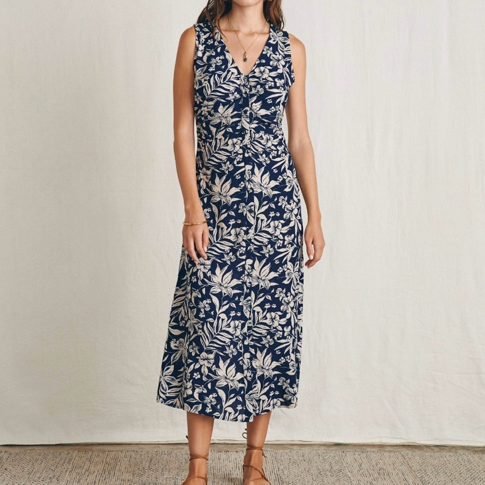 Faherty Navy Blue and Cream Floral Midi Dress